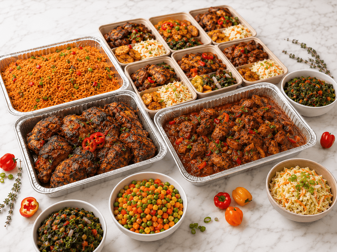A bulk spread of jollof rice, grilled chicken, stew, plantain and sides — the kind of feast a Feastpot home cook prepares